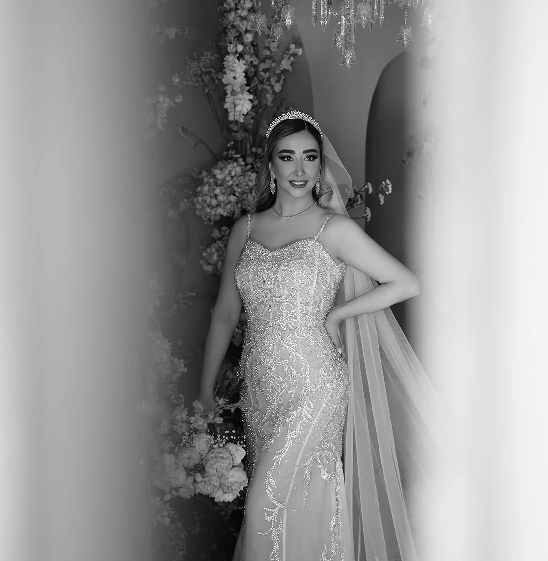 Portrait en noir et blanc de la mariée